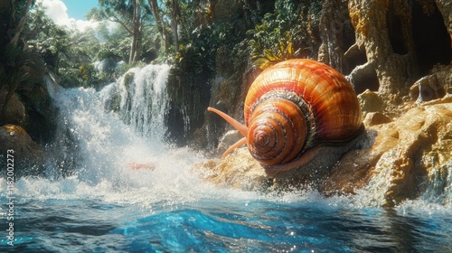 A giant snail by a waterfall in a vibrant, lush environment. photo