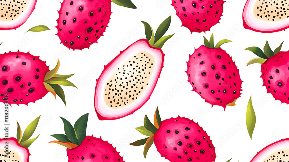 A vibrant pattern featuring dragon fruit, showcasing its unique shape and colors. A vibrant pattern featuring dragon fruit, showcasing its unique shape and colors.