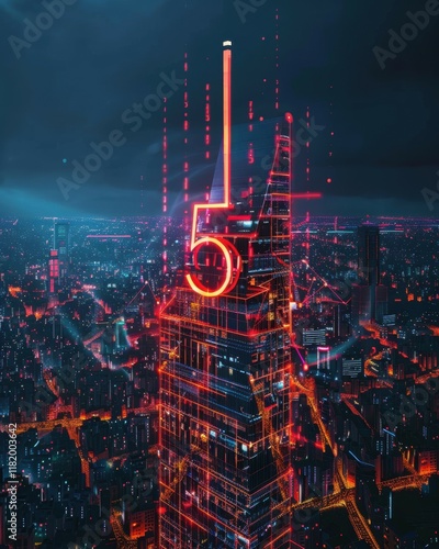 A futuristic cityscape featuring a skyscraper with a glowing number 5.