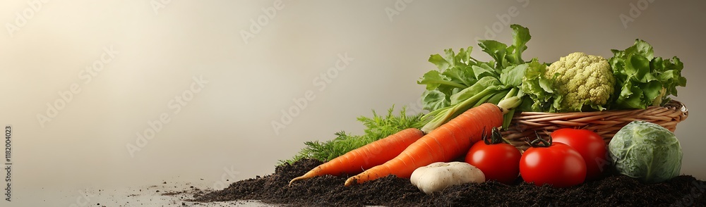 Fresh Vegetables on Soil: Carrots, Tomatoes, and Lettuce Fresh Vegetables on Soil: Carrots, Tomatoes, and Lettuce