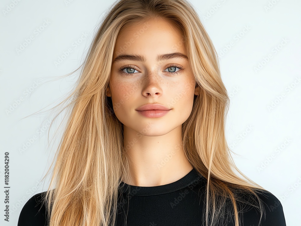 Straight hair extensions, golden blonde, glowing softly against a minimalist white backdrop Straight hair extensions, golden blonde, glowing softly against a minimalist white backdrop