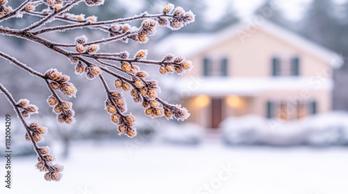Frosty Winter Branches and Snowy House Background