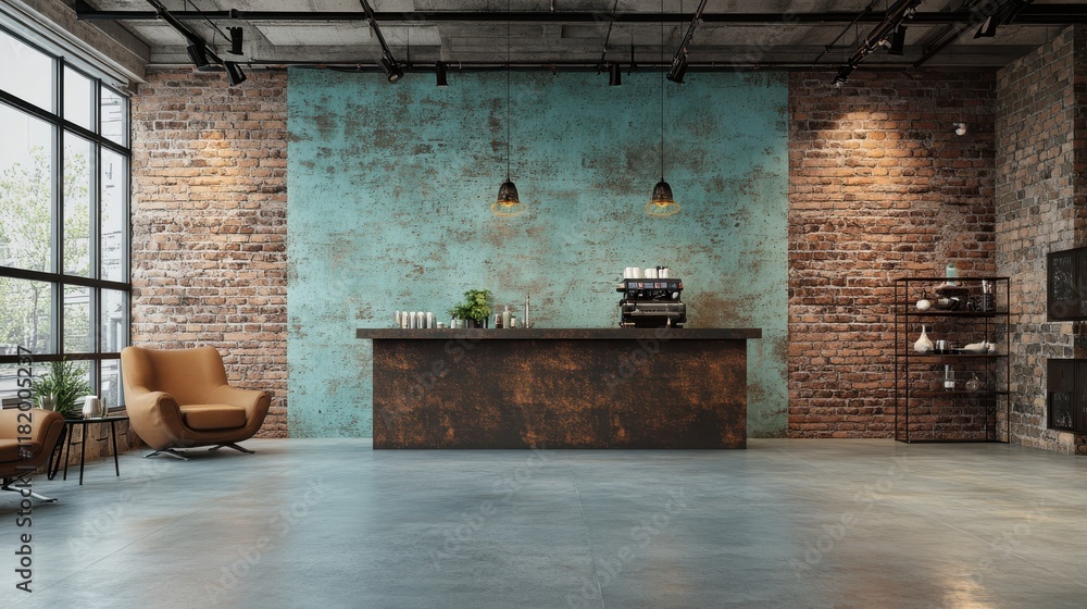 Rustic coffee shop interior design urban setting modern aesthetic teal and brick cozy atmosphere inviting space Rustic coffee shop interior design urban setting modern aesthetic teal and brick cozy atmosphere inviting space