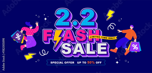 2.2 discount flash sale with shopping cartoon characters. Vector illustration for shopping day, online shopping, special Offer coupon, voucher, banner template, websites, social media advertising.