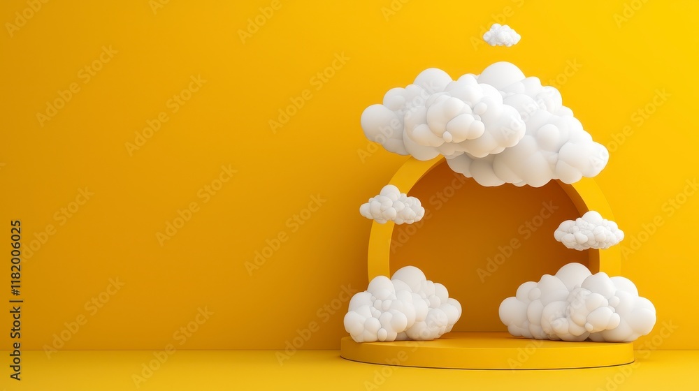 Whimsical cloud formation studio space digital art bright yellow background creative perspective conceptual design for imagination enhancement Whimsical cloud formation studio space digital art bright yellow background creative perspective conceptual design for imagination enhancement