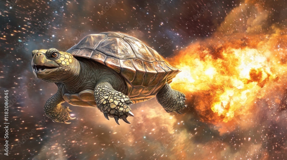 A turtle flying through space with flames shooting from its back. A turtle flying through space with flames shooting from its back.