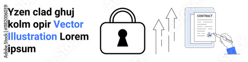 Large padlock symbolizes security while arrows represent progress. Contract paper with hand holding pen signifies legal agreements. Ideal for business security, compliance, growth strategies, legal