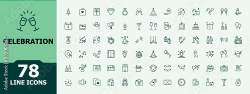 Celebration icons set. Icons happy, gift, fun, festival, food, balloon, holiday. Simple and minimalist line vector. Vector outline icons collection.