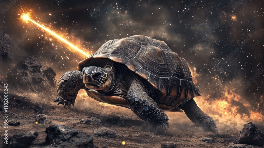 A fantastical turtle in space shooting a laser beam amidst cosmic elements. A fantastical turtle in space shooting a laser beam amidst cosmic elements.