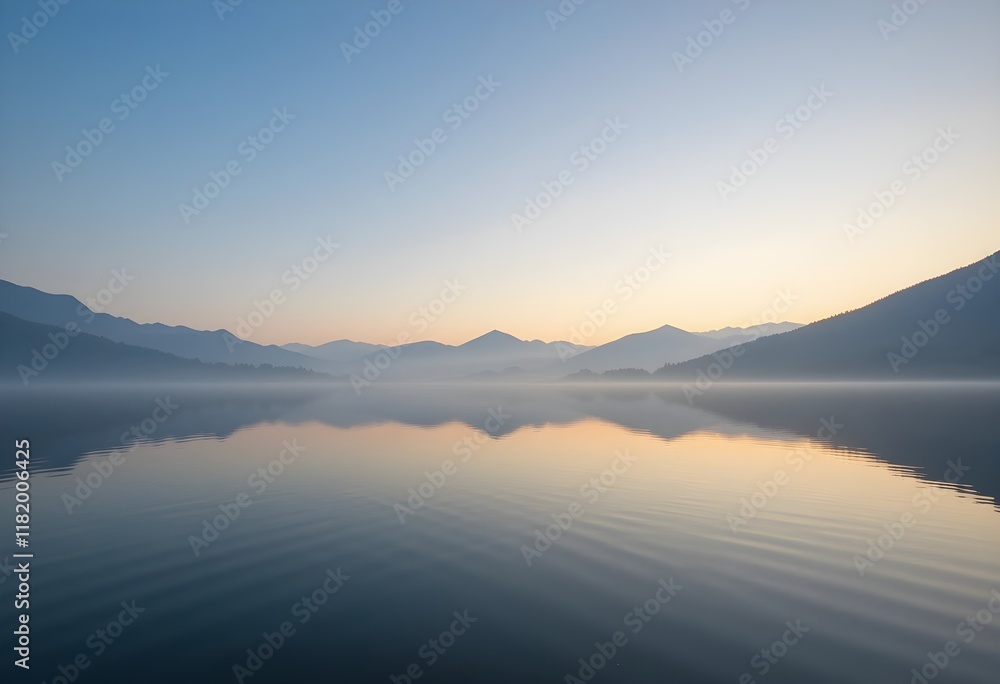 Lake on a foggy morning, with mountains Lake on a foggy morning, with mountains