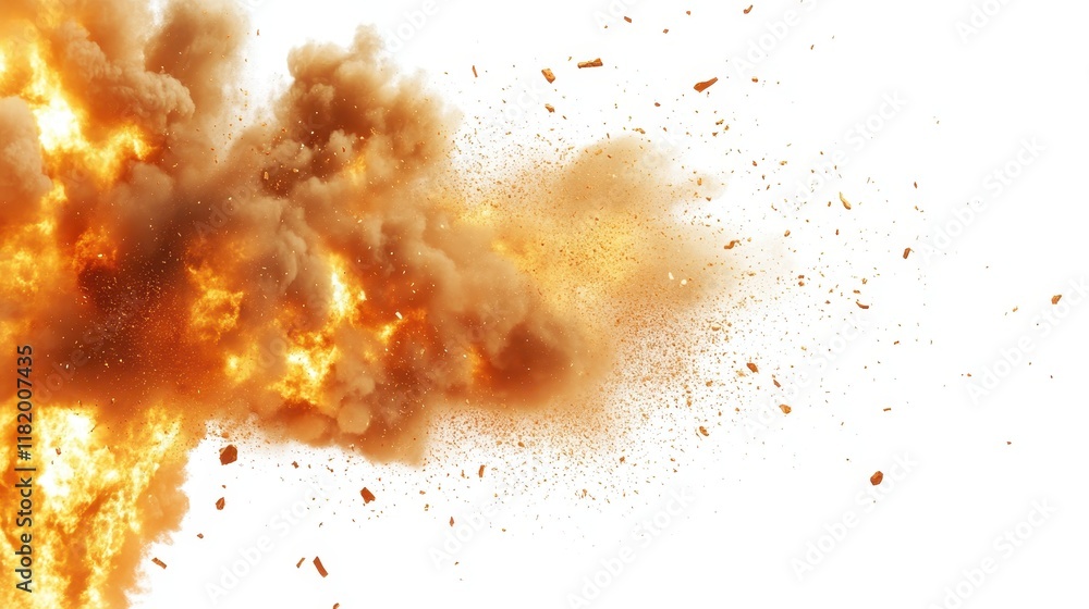 fiery explosion busting on white background. cloudy dust of explosion. fiery explosion busting on white background. cloudy dust of explosion.