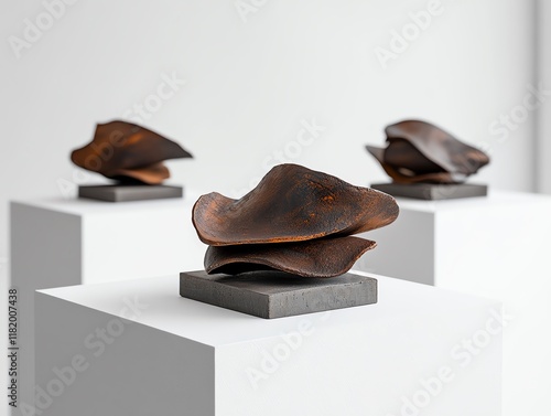 Textured curly clipins, dark brown, artistically arranged on a sleek white platform photo