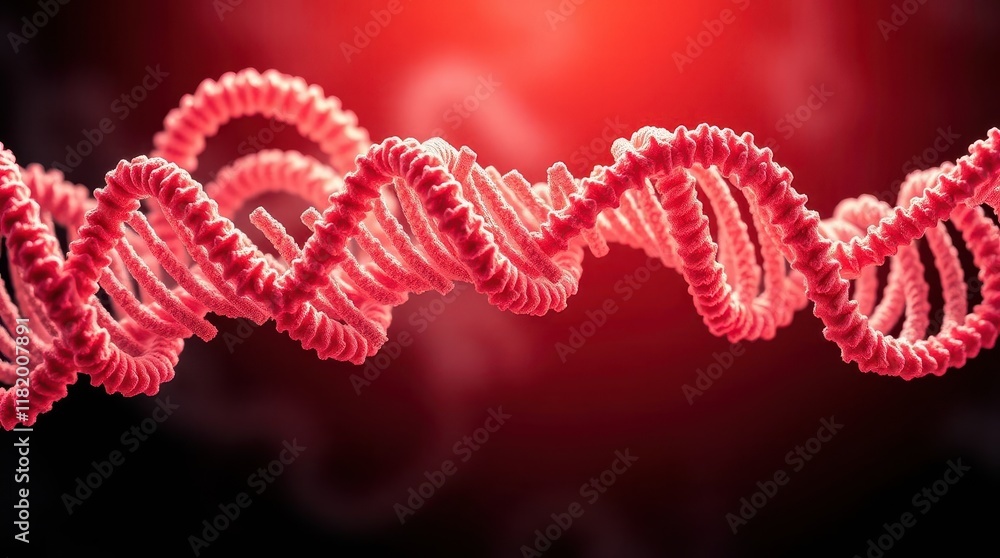 Fototapeta premium A vibrant depiction of a DNA strand, showcasing its helical structure against a glowing red background, symbolizing genetic research.