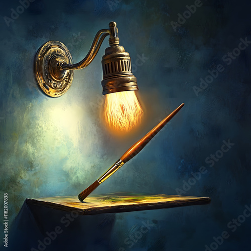 Creative Concept of an Open Lamp with a Paintbrush Emerging as a Symbol of Ideas. photo