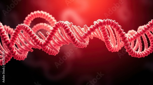 A vibrant depiction of a DNA strand, showcasing its helical structure against a glowing red background, symbolizing genetic research.