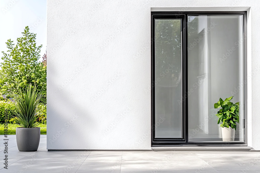 Modern exterior design featuring matte white wall, large glass door, and potted plants. serene atmosphere enhances beauty of contemporary architecture