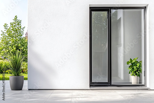 Obraz na płótnie Modern exterior design featuring matte white wall, large glass door, and potted plants. serene atmosphere enhances beauty of contemporary architecture w salonie