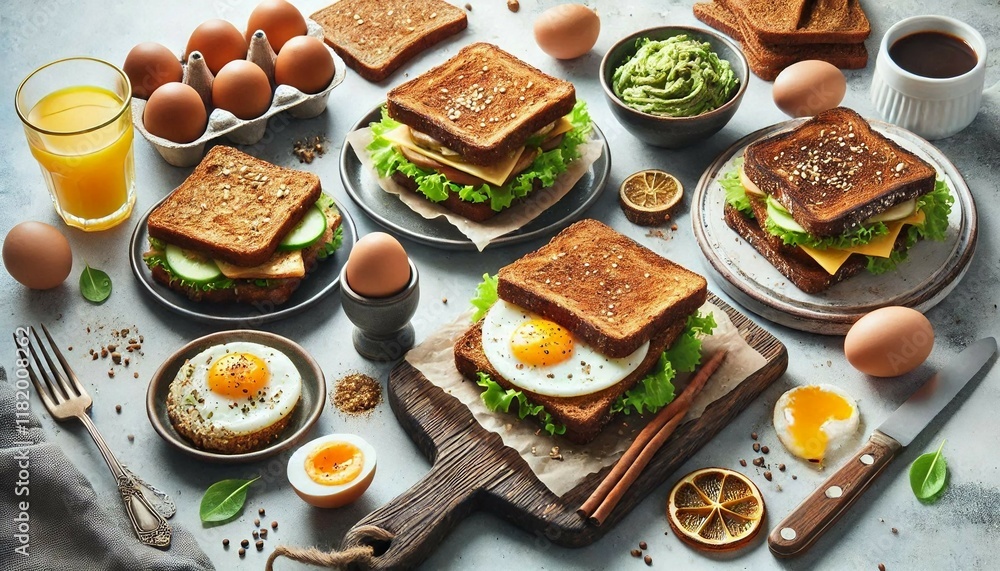 Mouthwatering Breakfast Sandwich Featuring Fried Egg Fresh Vegetables on Toasted Bread with a Side of Orange Juice and Spices Mouthwatering Breakfast Sandwich Featuring Fried Egg Fresh Vegetables on Toasted Bread with a Side of Orange Juice and Spices
