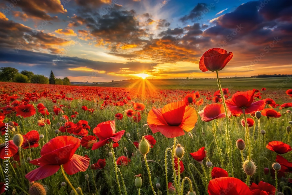 Fototapeta premium Remembrance Poppy Field Landscape Photography - Autumn Sunset