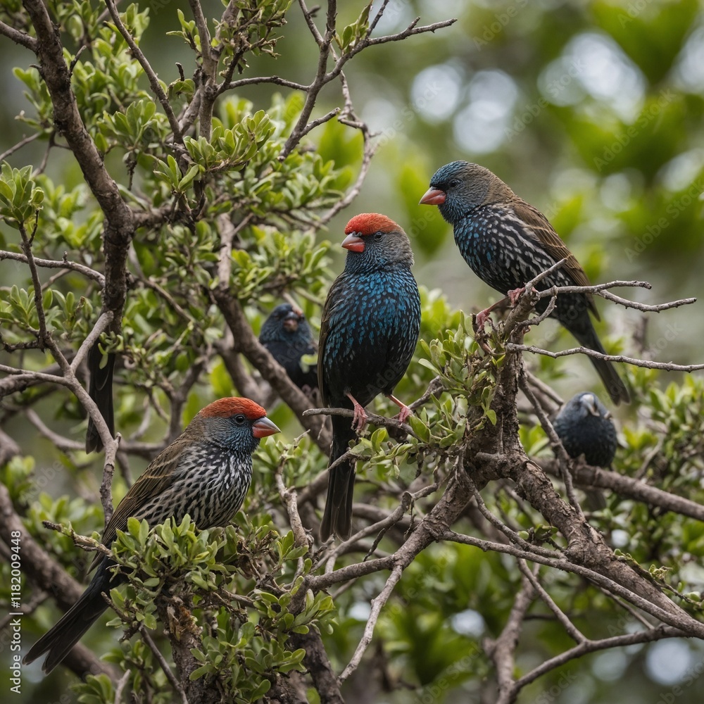 A group of Galápagos finches with varied beaks perched on branches. A group of Galápagos finches with varied beaks perched on branches.
