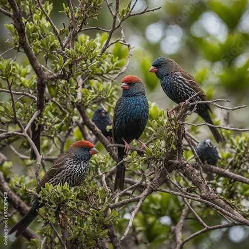 A group of Galápagos finches with varied beaks perched on branches.