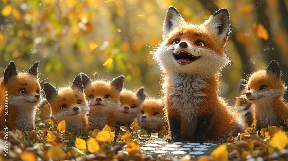 Fototapeta premium Autumn Fox Family Digital Illustration