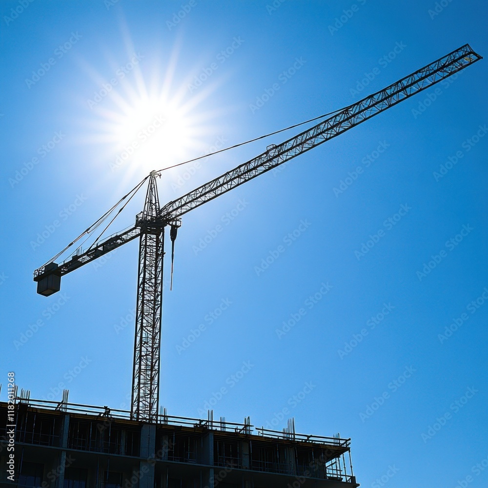 Construction crane silhouetted against a bright sun and blue sky, over a building under construction. Construction crane silhouetted against a bright sun and blue sky, over a building under construction.