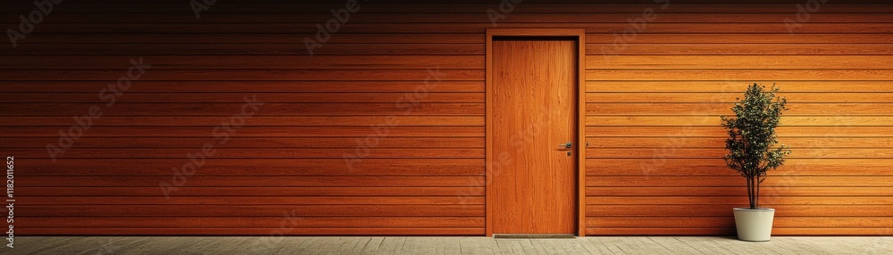 Stylish wooden wall with a door and potted plant in sunlight. Stylish wooden wall with a door and potted plant in sunlight.