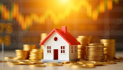 Wallpaper Mural A small white house model with a red roof positioned in front of neatly arranged stacks of gold coins, with a stock market chart in the background featuring sharp upward arrows. Torontodigital.ca