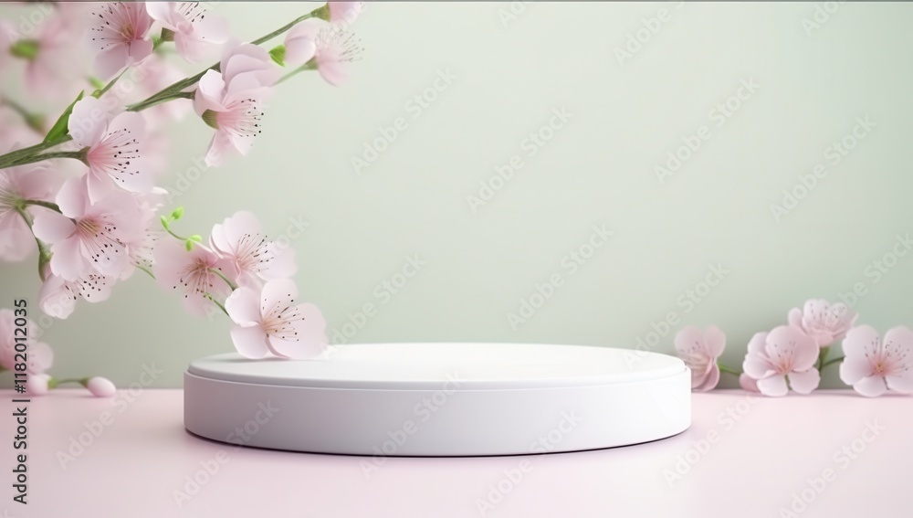 Pastel Spring Display: Elegant white podium with delicate pink cherry blossoms, creating a serene and minimalist spring scene. Perfect for product display or branding.