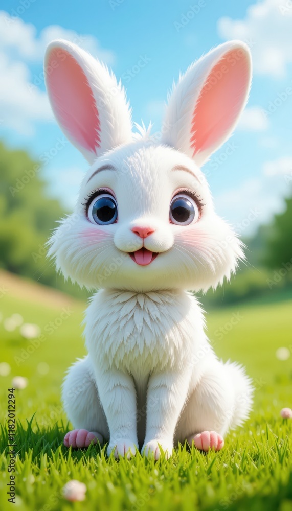 Obraz premium Cute white cartoon rabbit in grass field with spring feel