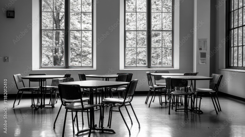 A monochrome image of empty tables and chairs near large windows in a quiet space. A monochrome image of empty tables and chairs near large windows in a quiet space.