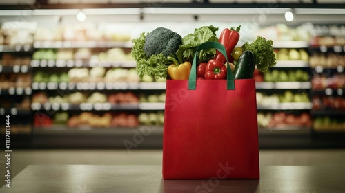 Food Delivery Services. A red bag filled with fresh vegetables in a grocery store setting. photo