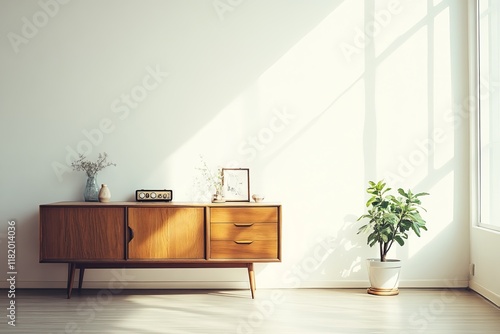 Bright, minimal room featuring a wooden sideboard and potted plant. Perfect representation of mid-century modern interior style.