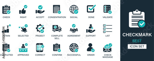Checkmark icon set collection. Check, right, accept, concentration, social, done, validate, attain, selected, project, complete sell, agreement and best solid icon set.