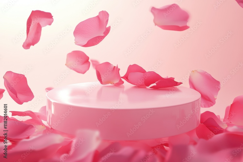 Pink Rose Petals Dance: A soft, romantic image featuring a pink cylindrical platform surrounded by delicate, falling rose petals. Perfect for beauty, cosmetics, or feminine product displays. Pink Rose Petals Dance: A soft, romantic image featuring a pink cylindrical platform surrounded by delicate, falling rose petals. Perfect for beauty, cosmetics, or feminine product displays.