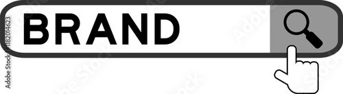 Search banner in word brand with hand over magnifier icon on white background