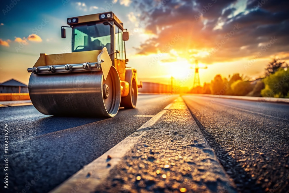 Road Construction: Black Roller Smooths Asphalt Pavement Road Construction: Black Roller Smooths Asphalt Pavement
