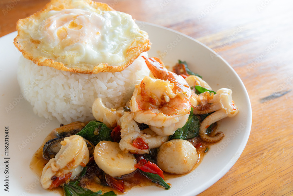 Stir fried mixed seafood with holy basil and fried egg on rice . Thai Food Stir fried mixed seafood with holy basil and fried egg on rice . Thai Food