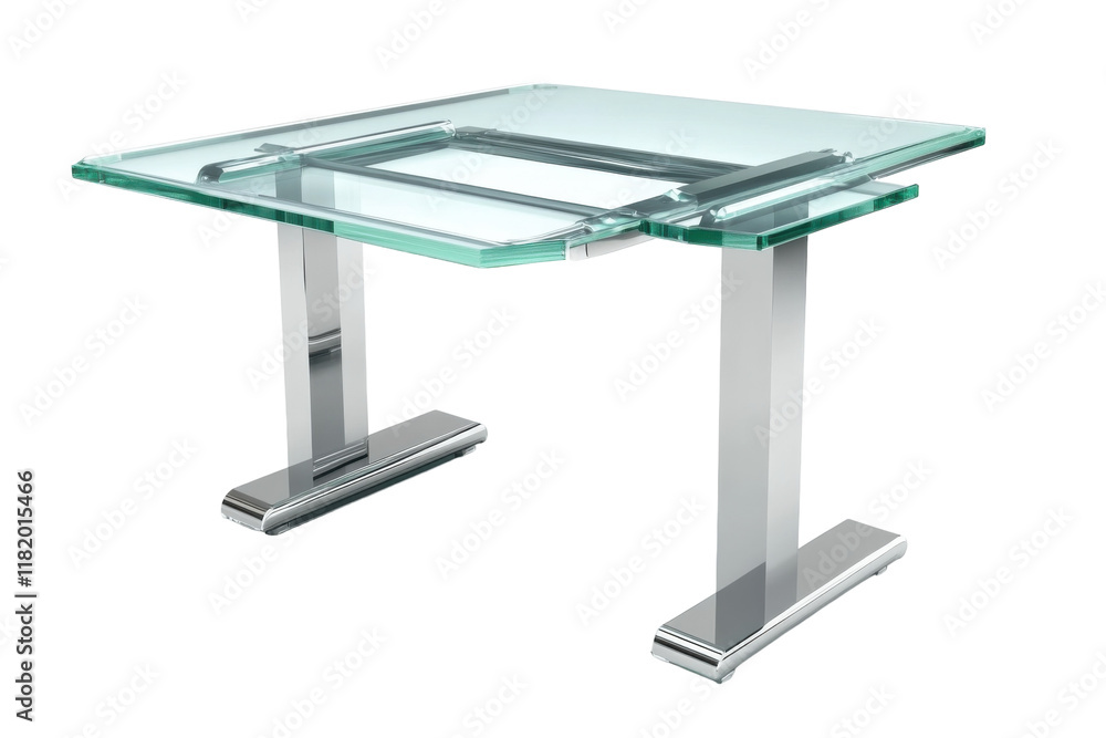 Modern glass table with sleek metallic legs, perfect for a stylish workspace or dining area Modern glass table with sleek metallic legs, perfect for a stylish workspace or dining area