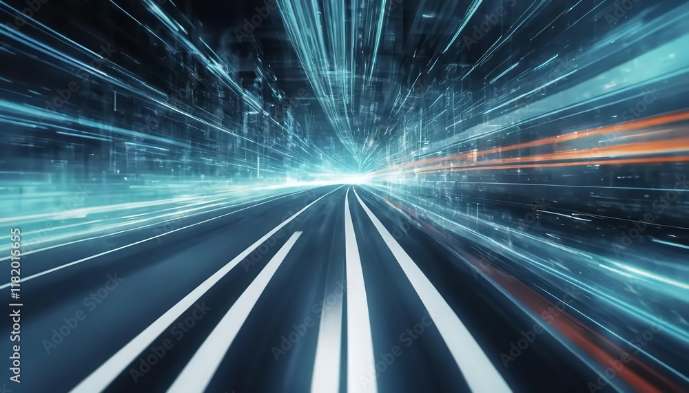 Futuristic Highway: Speed, Technology, and Urban Progress - Abstract Digital Cityscape with Bright Blue and Orange Light Streaks, Representing Fast Movement and Innovation in a Modern Metropolis. Futuristic Highway: Speed, Technology, and Urban Progress - Abstract Digital Cityscape with Bright Blue and Orange Light Streaks, Representing Fast Movement and Innovation in a Modern Metropolis.