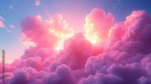 A vibrant sunset illuminating fluffy pink clouds, creating a dreamy and serene atmosphere.
