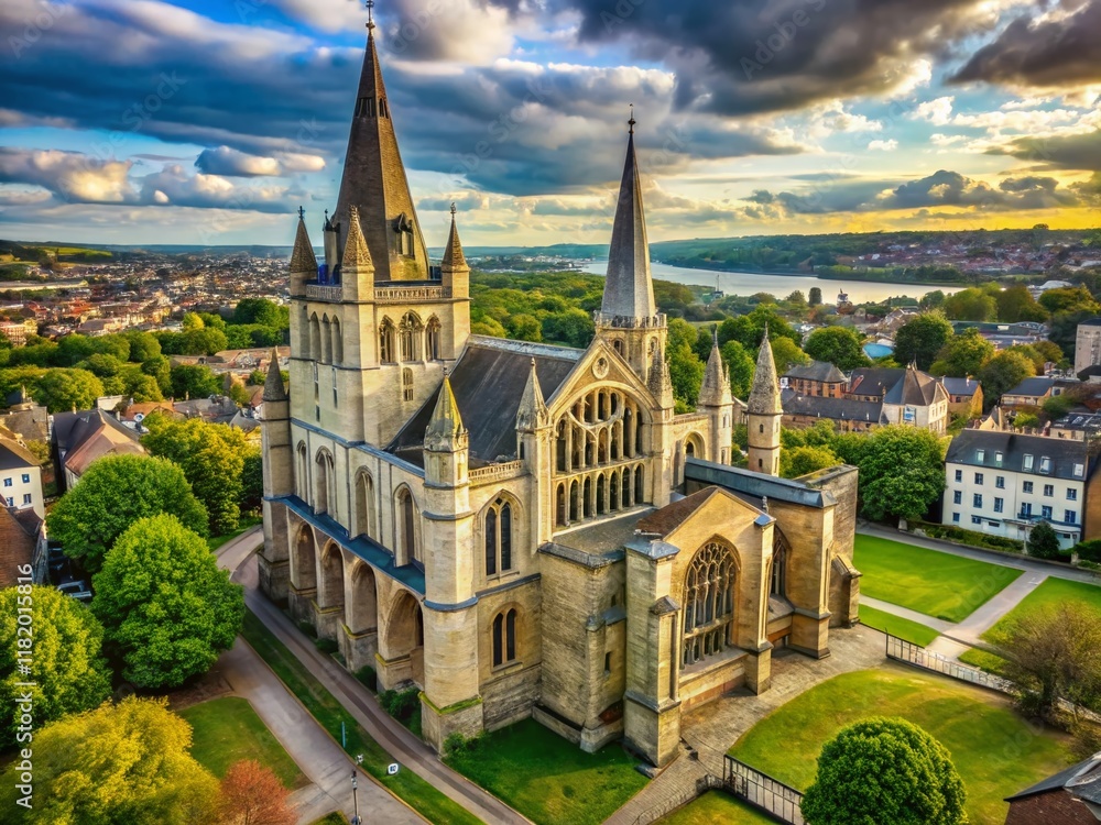 Fototapeta premium Rochester Cathedral Kent Aerial View, Historic English Landmark Drone Photography