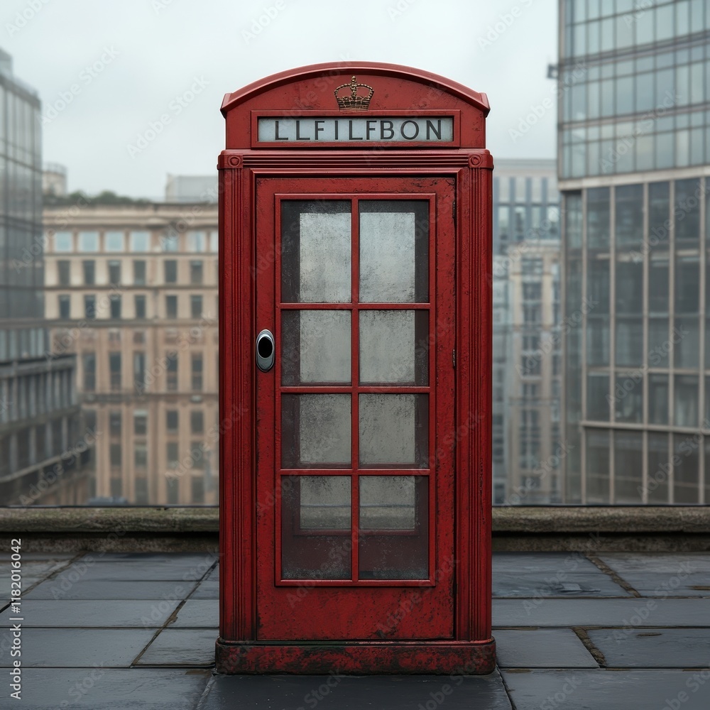 Traditional British Red Telephone Box in Urban Setting Traditional British Red Telephone Box in Urban Setting