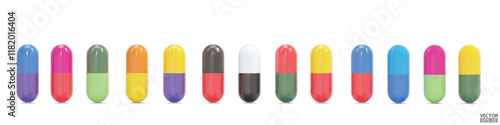 Set of 3d realistic Various colored capsules isolated on white background. Medical Pill, Capsule, Tablet, medicine drug Collection. 3D vector illustration.