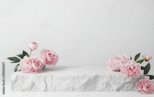Fototapeta Naklejka Na Ścianę i Meble -  Pastel Peony Podium:  Softly blooming pink peonies grace a smooth stone pedestal against a clean, minimalist backdrop, creating an elegant and timeless vignette.