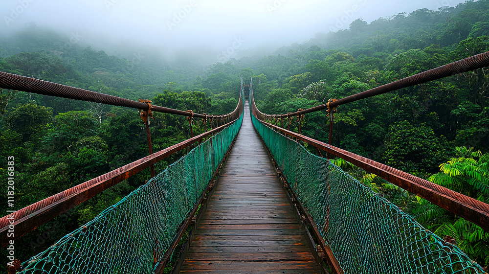 Obraz premium Misty Jungle Bridge: An Enthralling Journey into the Heart of the Rainforest