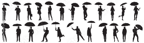 silhouettes of people, man and woman under umbrella. Collection of people under umbrella 