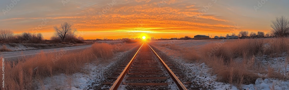 A high-angle shot of railway tracks at sunrise, symbolizing journeys and progress. Perfect for travel, transportation, and inspirational-themed projects A high-angle shot of railway tracks at sunrise, symbolizing journeys and progress. Perfect for travel, transportation, and inspirational-themed projects
