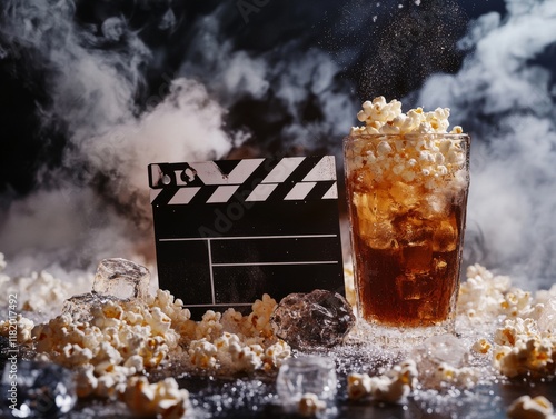 Soda and Popcorn with Clapperboard in Smoky Ambience
 photo